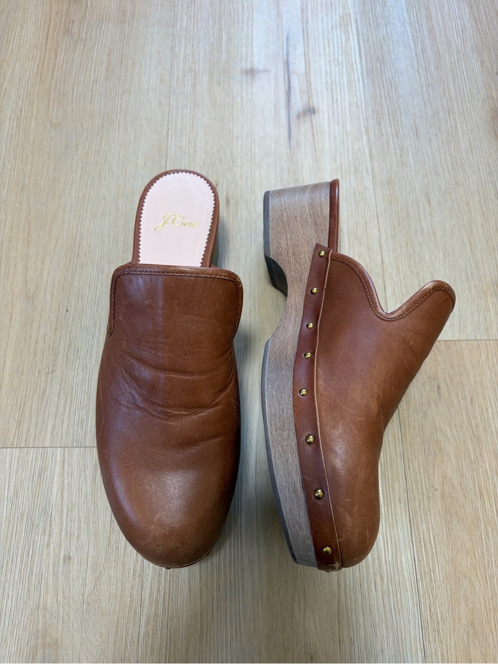 J. Crew Brown Leather Studded Clog Mules